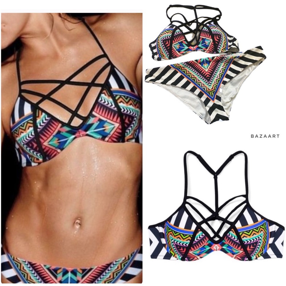 Rare Victoria's Secret Pink Strappy Swimsuit Bikini top Geometric Stripe Aztec S